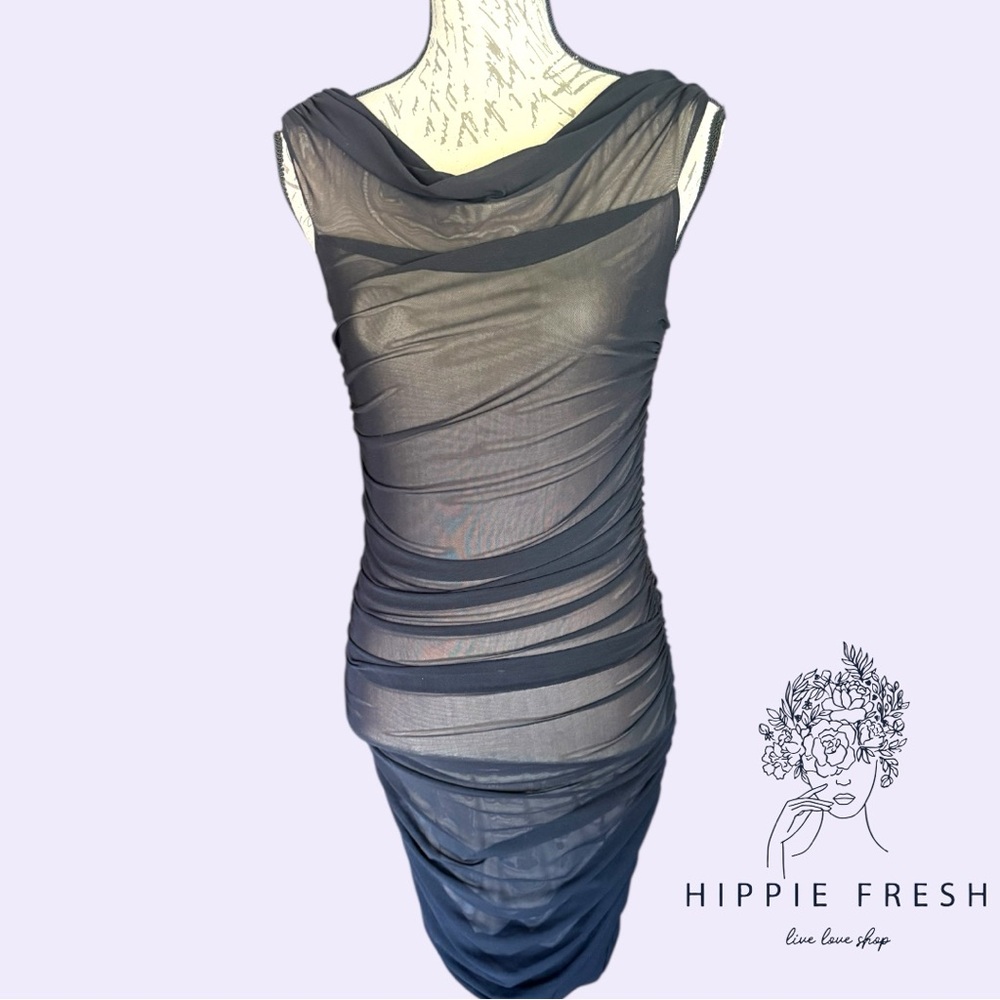Kikiriki Black and Tan Ruched Sheer Dress